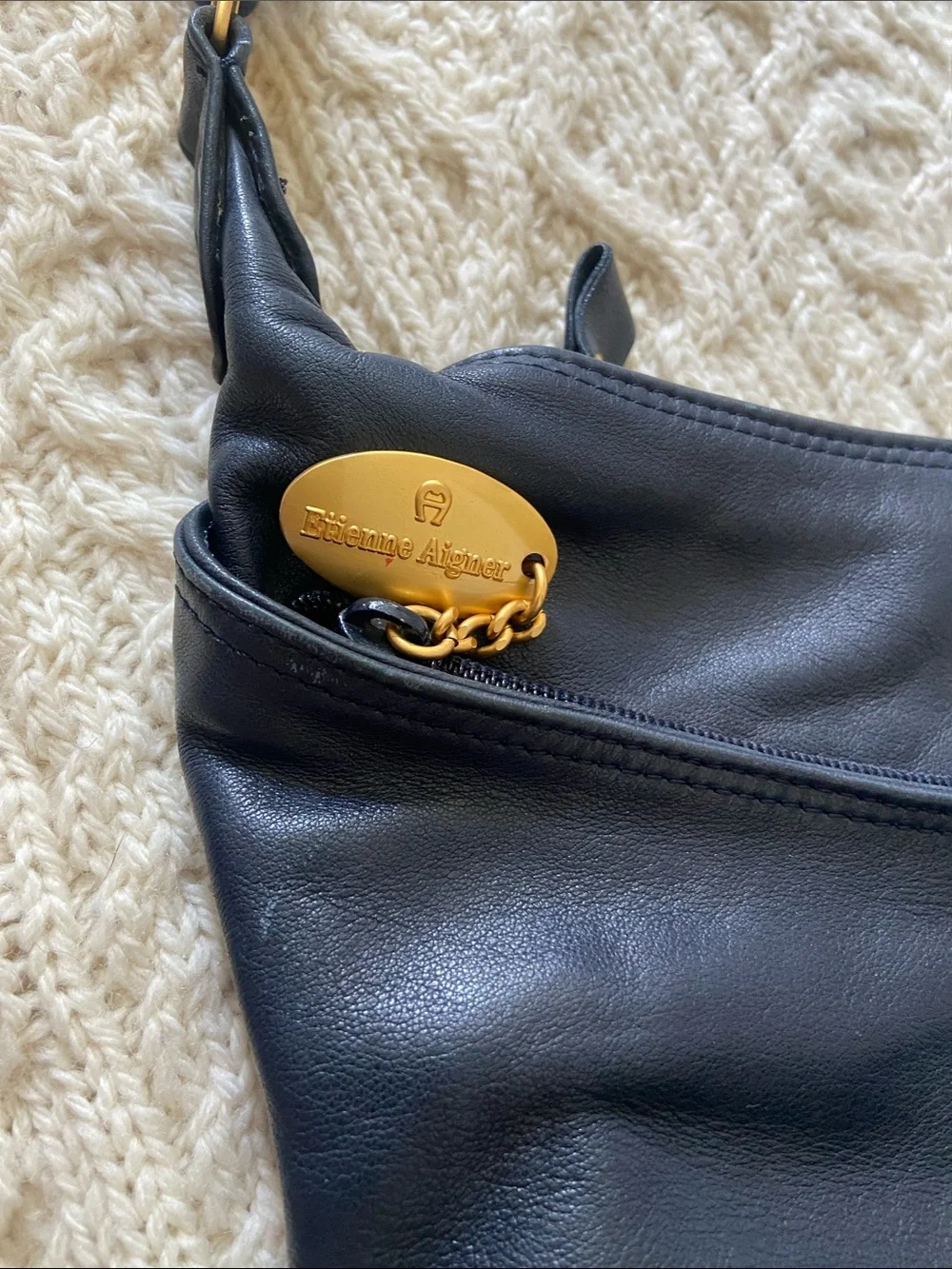 Etienne Aigner Navy Blue Leather Hobo Bag with Gold Hardware